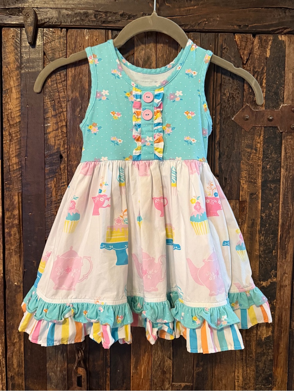 Eleanor Rose Girls Size 2 Tea Party Cupcake Dress Aqua Pink Ruffle Boutique